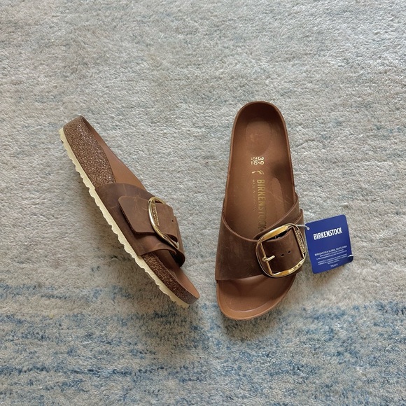 Birkenstock Madrid Big Buckle Slide Sandals Cognac Leather Brown 39 8-8.5 - Picture 1 of 8